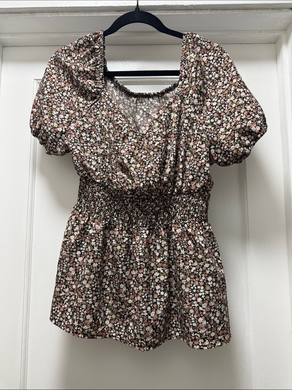 Floral Smocked Waist Puff Sleeve Top - Brown Pink